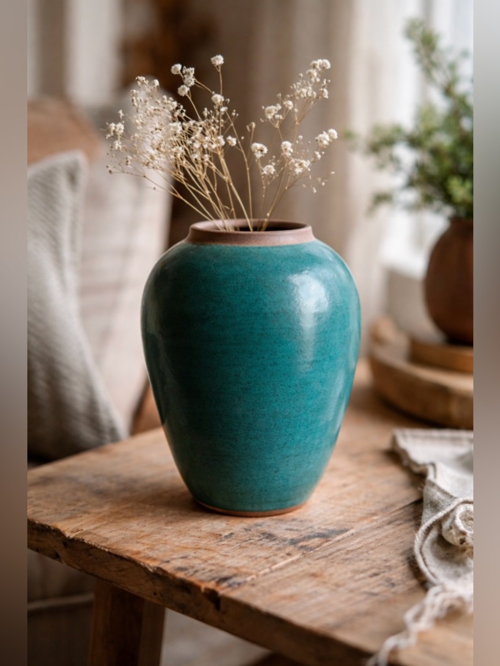 Vintage Studio Pottery Vase 🌊 Signed Carole W Minimalist Teal Ceramic Vessel